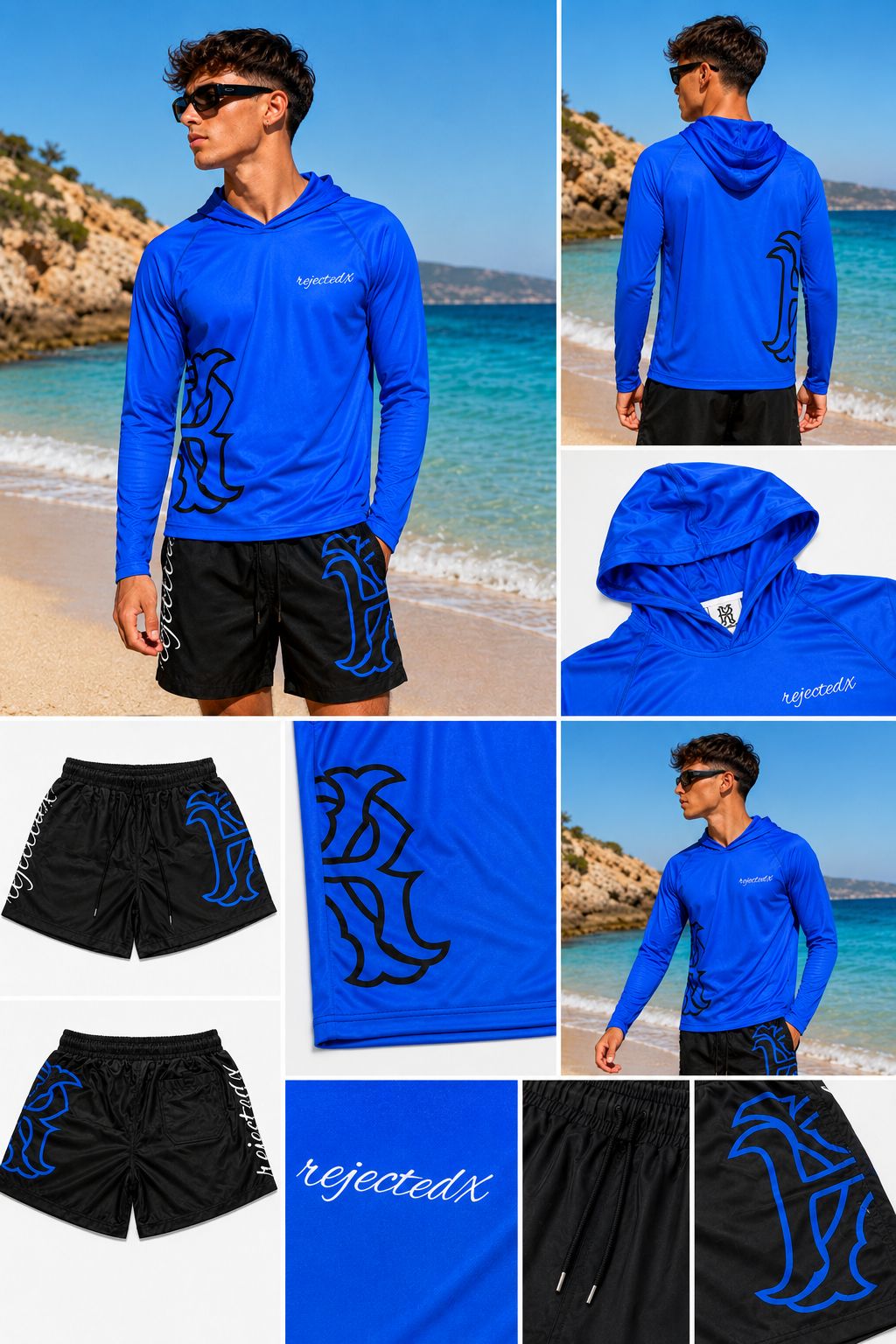 Men's long-sleeved hoodie shirt set with UPF 50+ protection and swim trunks.