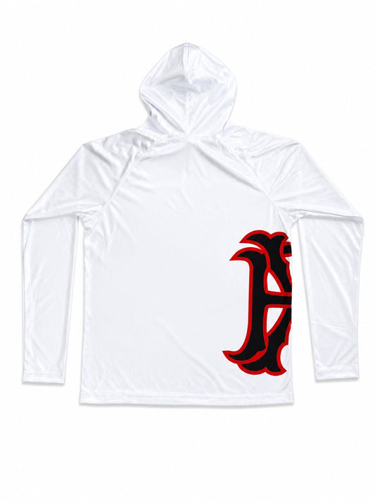 Men's long-sleeved hoodie shirt set with UPF 50+ protection and swim trunks.