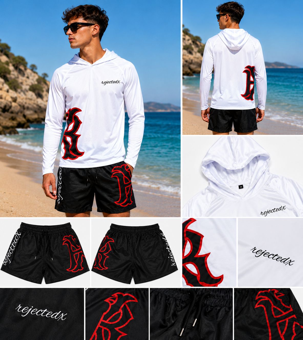 Men's long-sleeved hoodie shirt set with UPF 50+ protection and swim trunks.