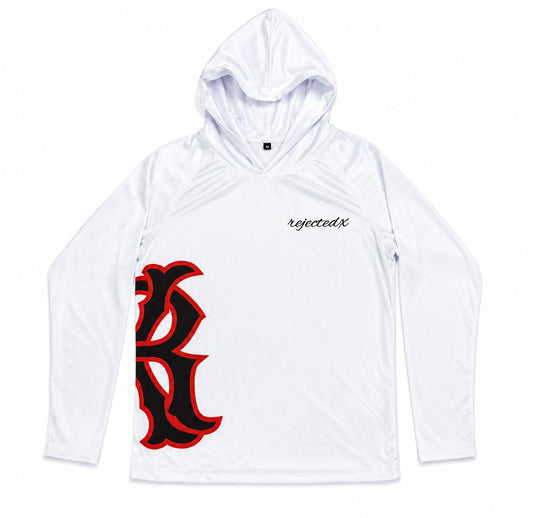 Men's long-sleeved hoodie shirt set with UPF 50+ protection and swim trunks.