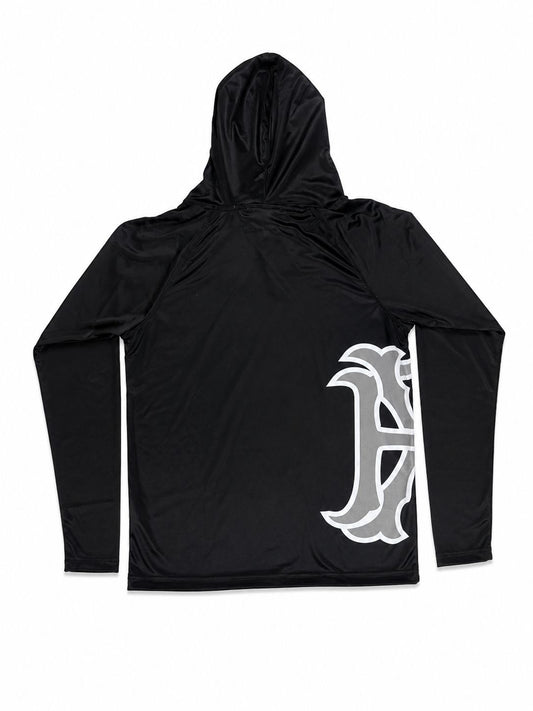 Men's long-sleeved hoodie shirt set with UPF 50+ protection and swim trunks.