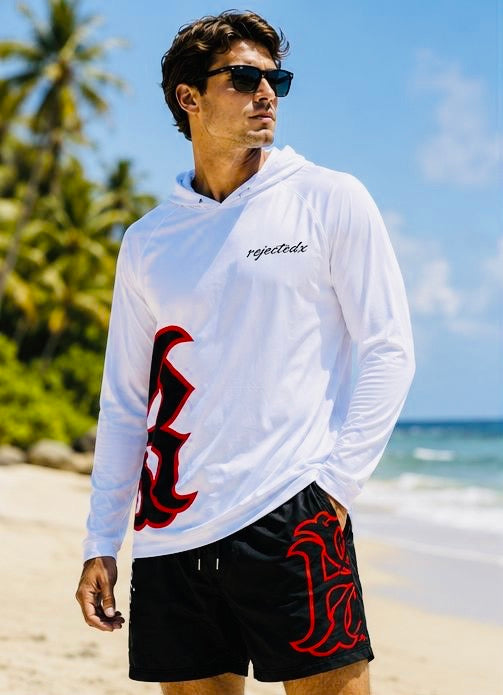 Men's long-sleeved hoodie shirt set with UPF 50+ protection and swim trunks.