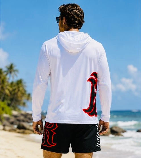 Men's long-sleeved hoodie shirt set with UPF 50+ protection and swim trunks.