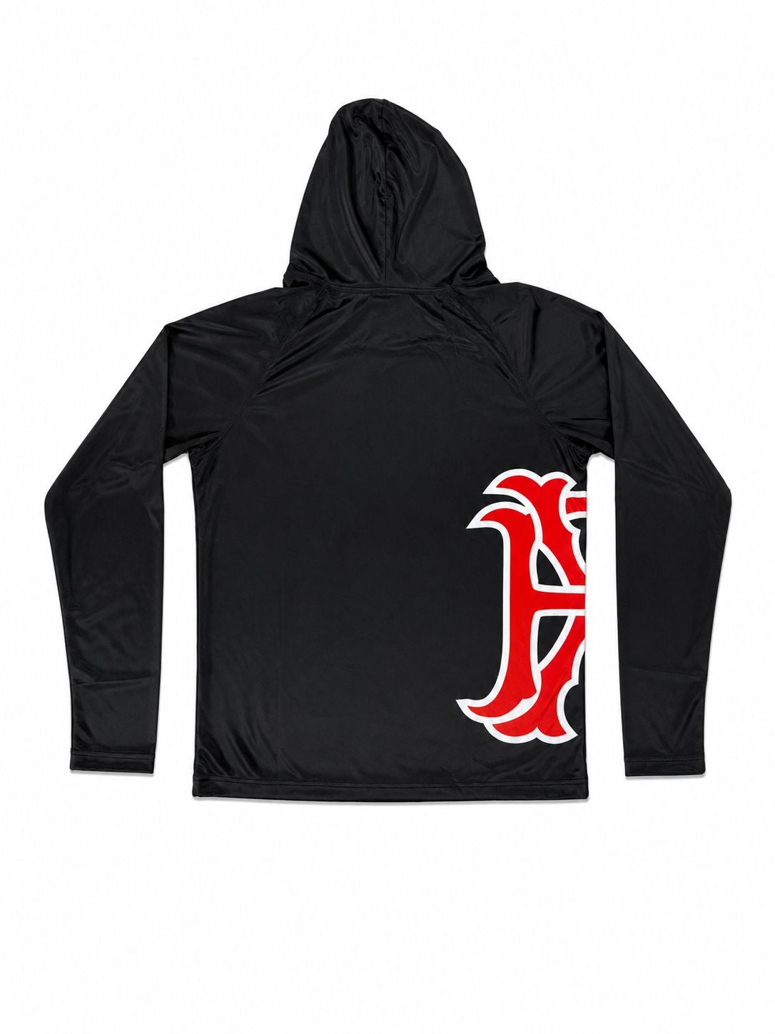 Men's long-sleeved hoodie shirt set with UPF 50+ protection and swim trunks.