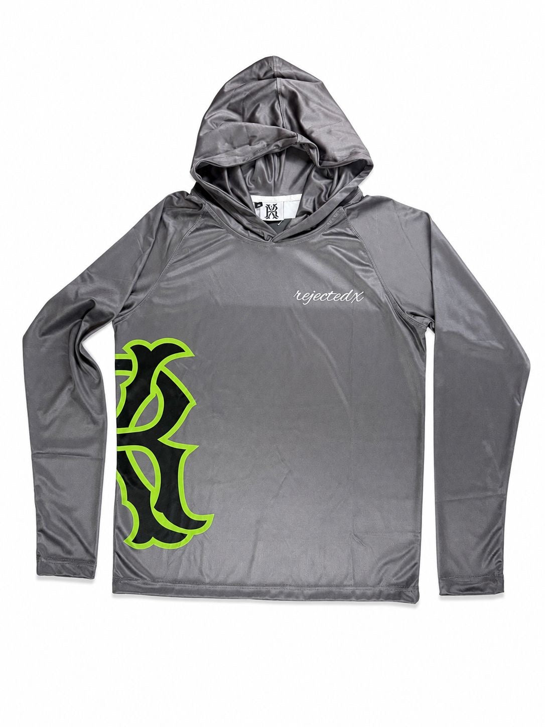 Men's long-sleeved hoodie shirt set with UPF 50+ protection and swim trunks.