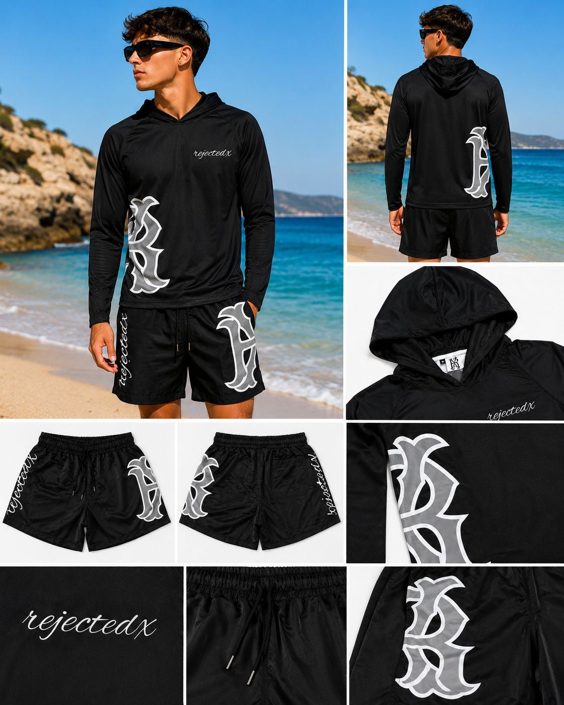 Men's long-sleeved hoodie shirt set with UPF 50+ protection and swim trunks.