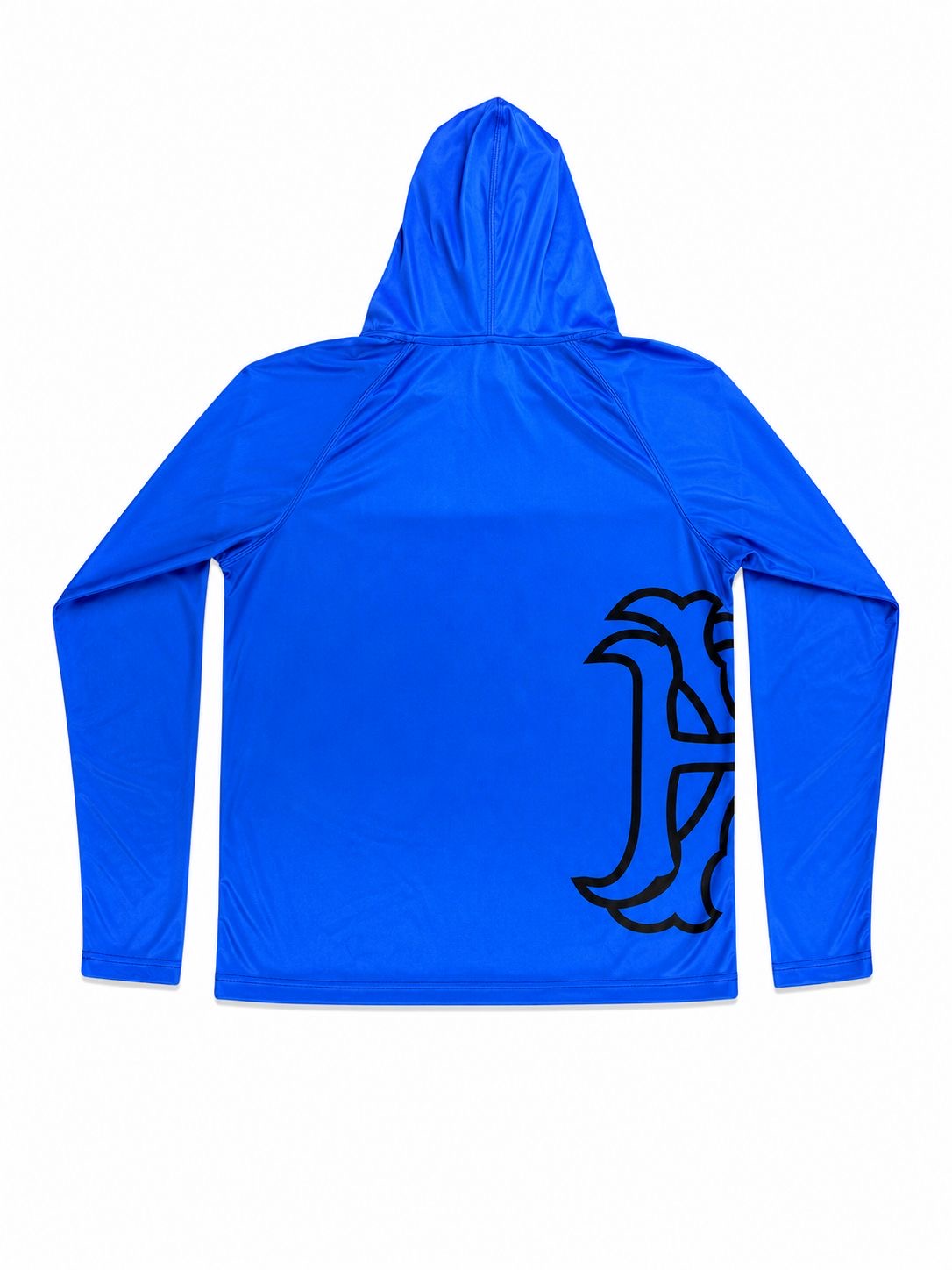 Men's long-sleeved hoodie shirt set with UPF 50+ protection and swim trunks.