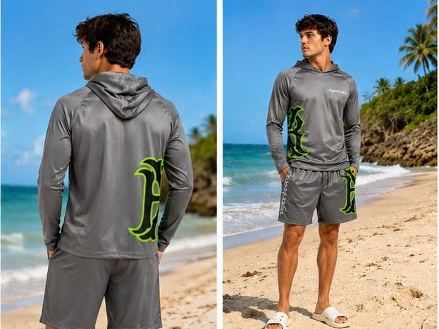 Men's long-sleeved hoodie shirt set with UPF 50+ protection and swim trunks.