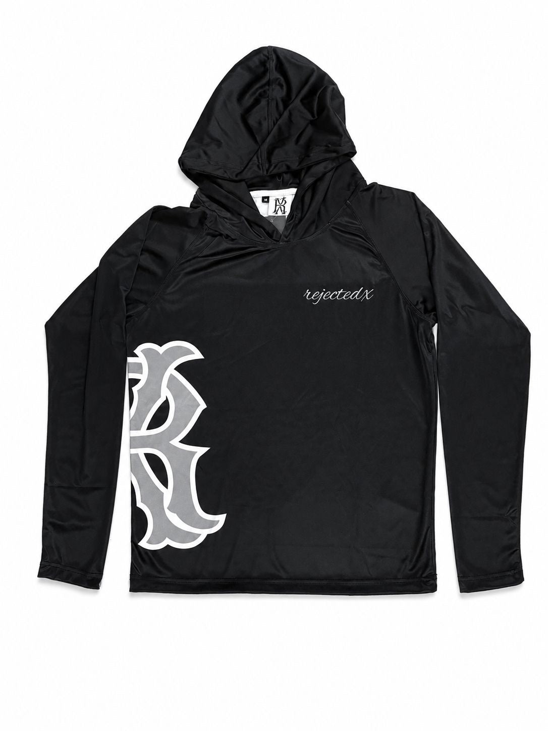Men's long-sleeved hoodie shirt set with UPF 50+ protection and swim trunks.