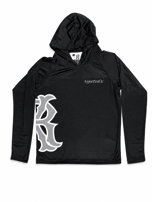 Men's long-sleeved hoodie shirt set with UPF 50+ protection and swim trunks.