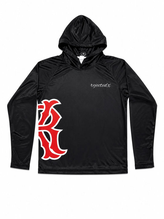 Men's long-sleeved hoodie shirt set with UPF 50+ protection and swim trunks.