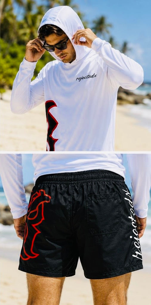 Men's long-sleeved hoodie shirt set with UPF 50+ protection and swim trunks.