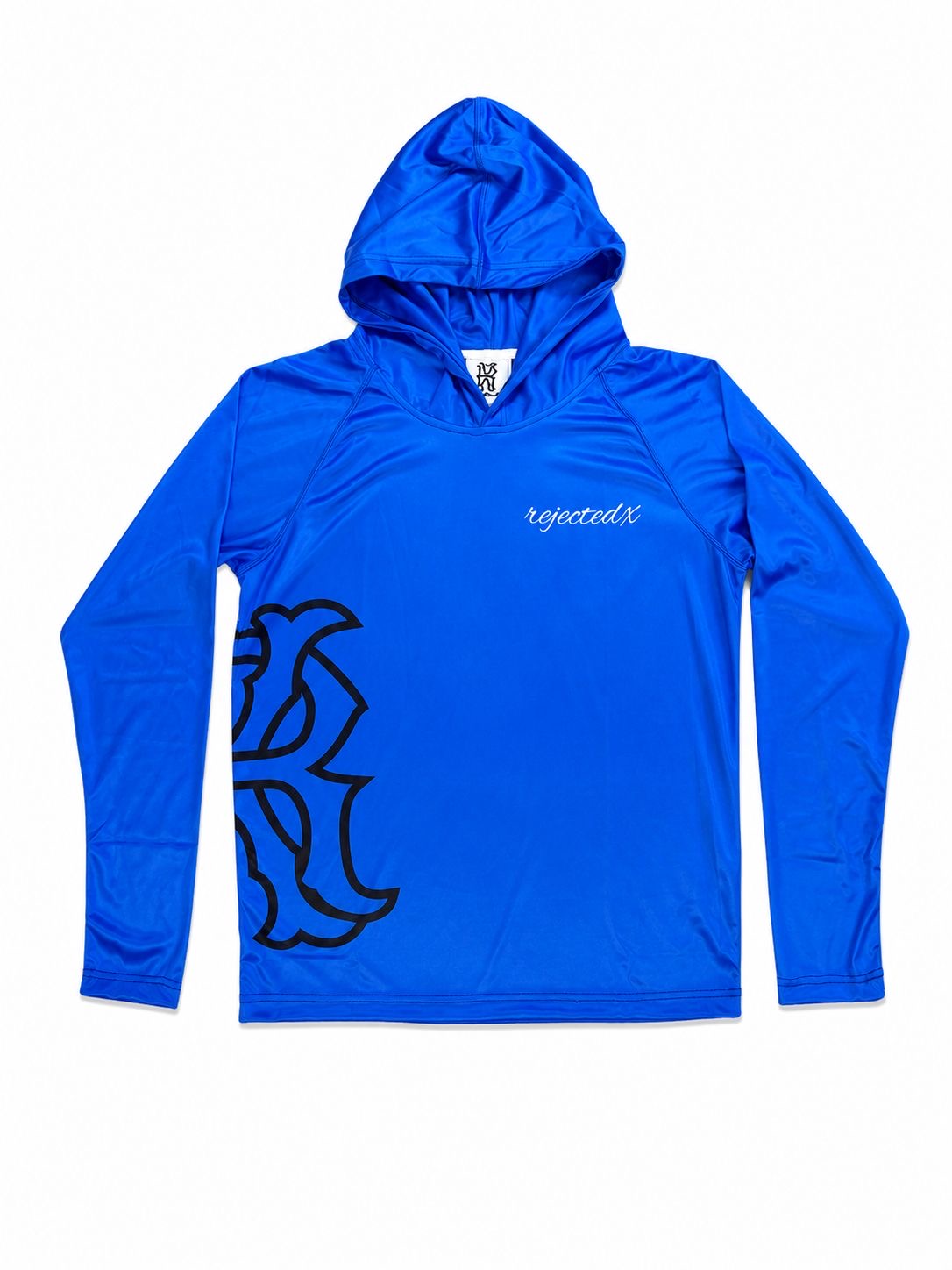 Men's long-sleeved hoodie shirt set with UPF 50+ protection and swim trunks.