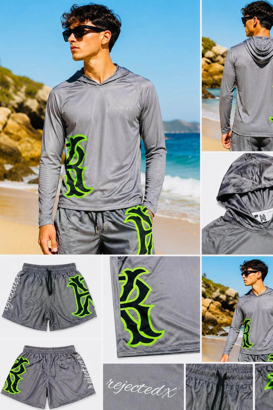 Men's long-sleeved hoodie shirt set with UPF 50+ protection and swim trunks.
