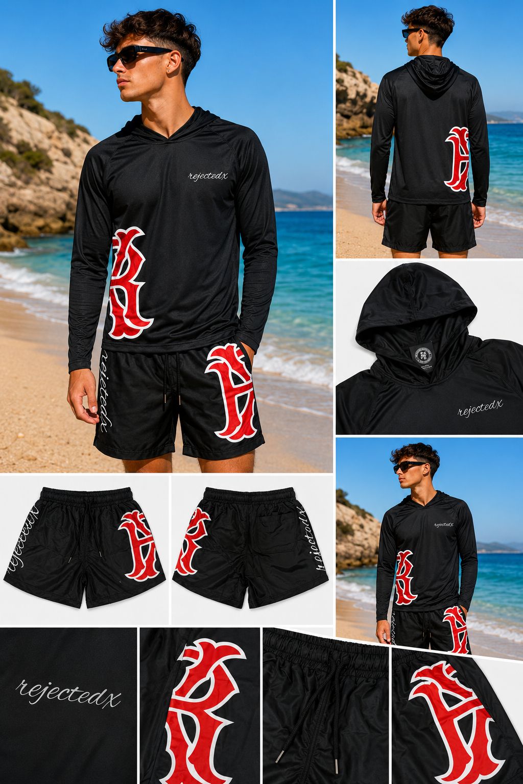 Men's long-sleeved hoodie shirt set with UPF 50+ protection and swim trunks.